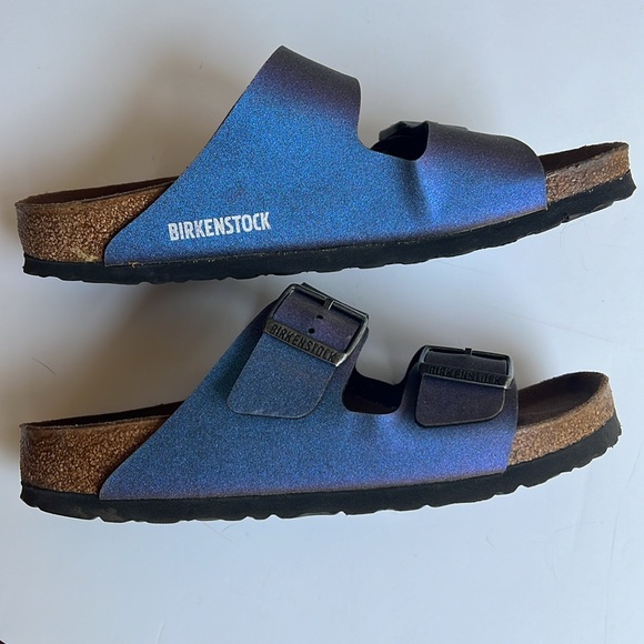 Birkenstock metallic iridescent blue size 38 women’s slides - Picture 2 of 7